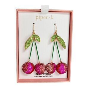 🍒 PIPER K Cherry Glass Stones Nickel Free Drop Statement Earrings NEW IN BOX